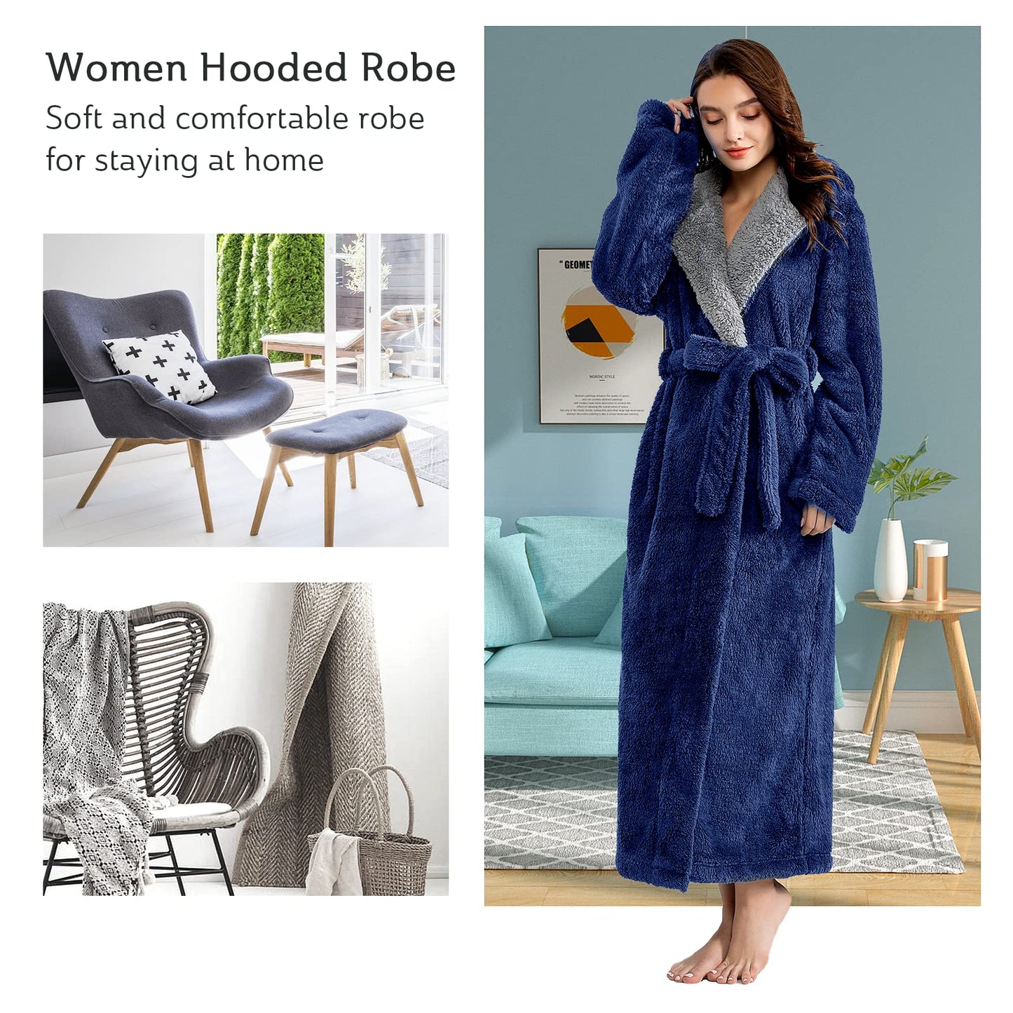 Long Hooded Robe for Women Luxurious Flannel Fleece Full Length Bathrobe Winter Warm Pajamas Shower Nightgown