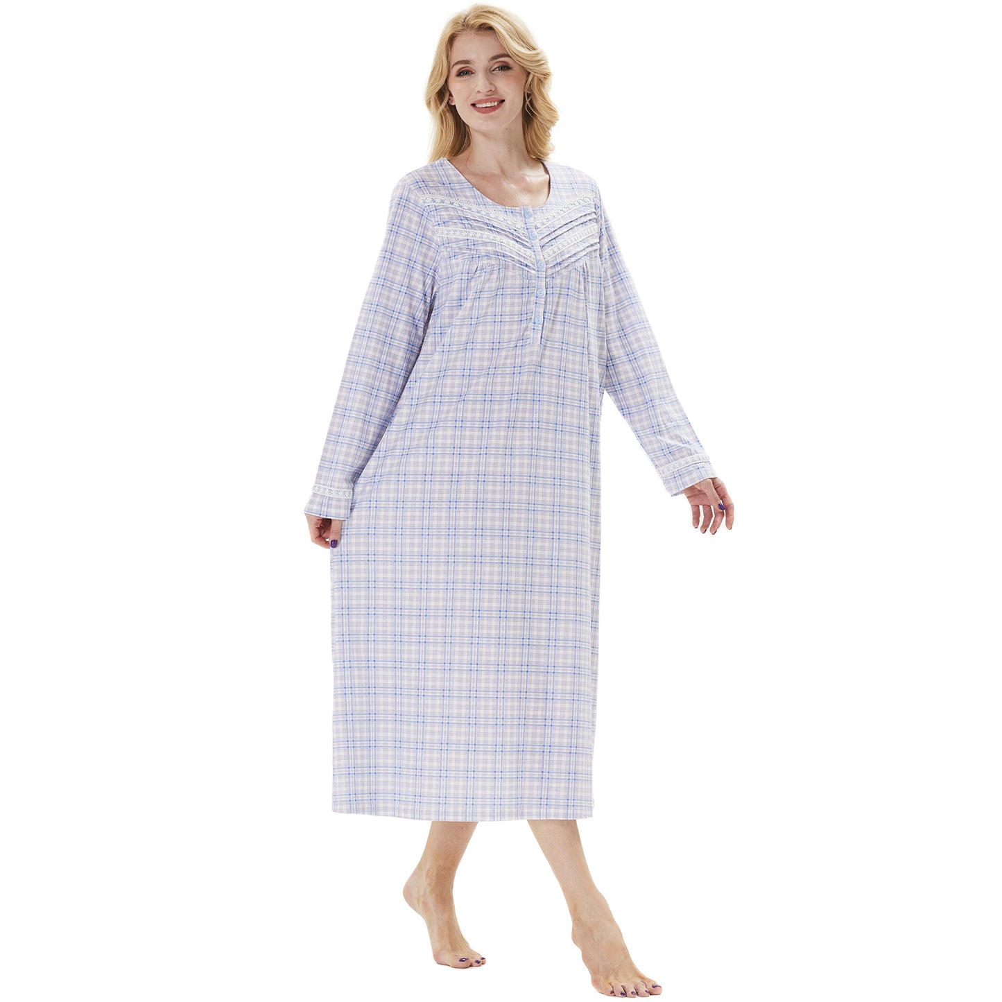 Soft Cotton Comfortable Lightweight Long Sleeves Ladies Nightdress, Blue Plaid, Small