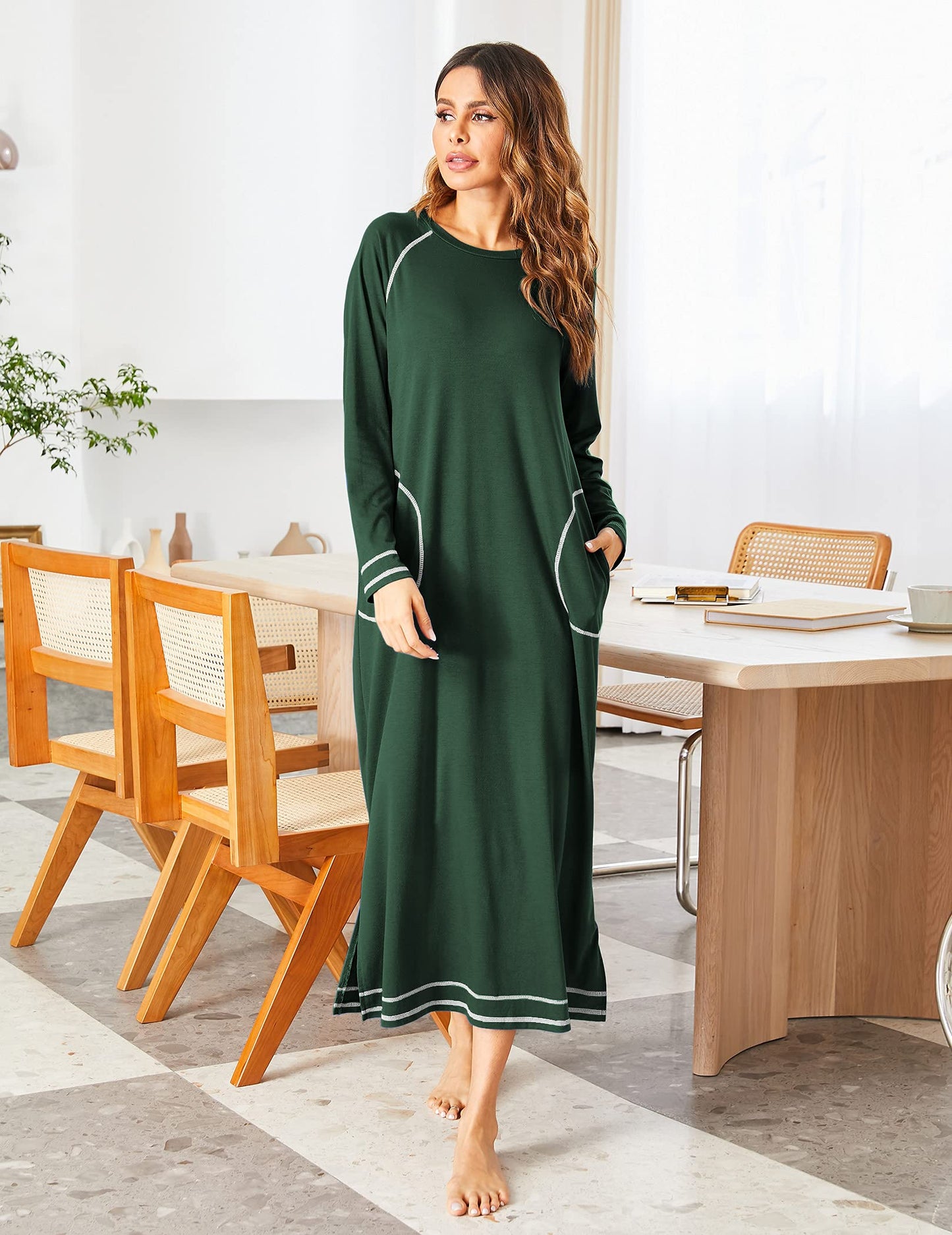 Women's Long Sleeve Nightgown, Round Neck,Full Length