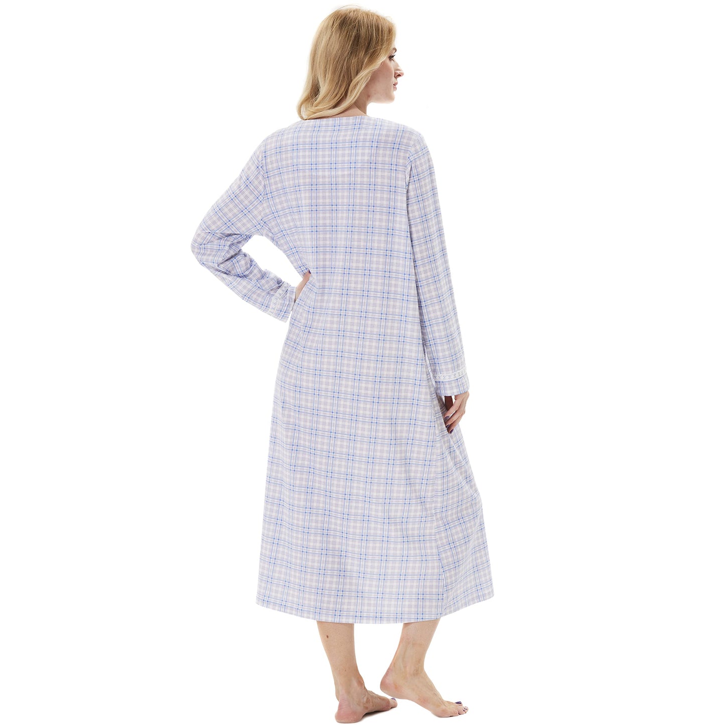 Soft Cotton Comfortable Lightweight Long Sleeves Ladies Nightdress, Blue Plaid, Small