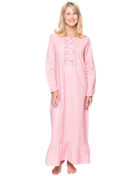 Long Women Flannel Nightgown - Stripes Pink - Small