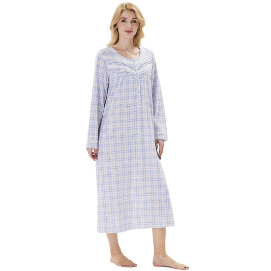 Soft Cotton Comfortable Lightweight Long Sleeves Ladies Nightdress, Blue Plaid, Small