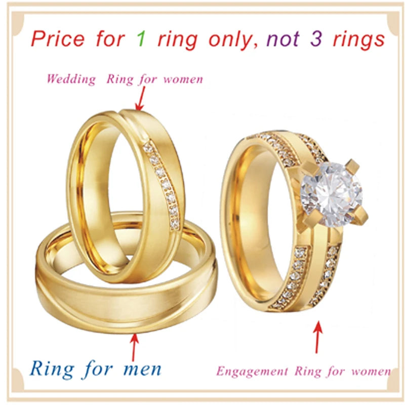 Unique 3Pcs Matching Alliance Marriage Couple Engagement Wedding Rings for Men and Women Color Groom Bridal Jewelry