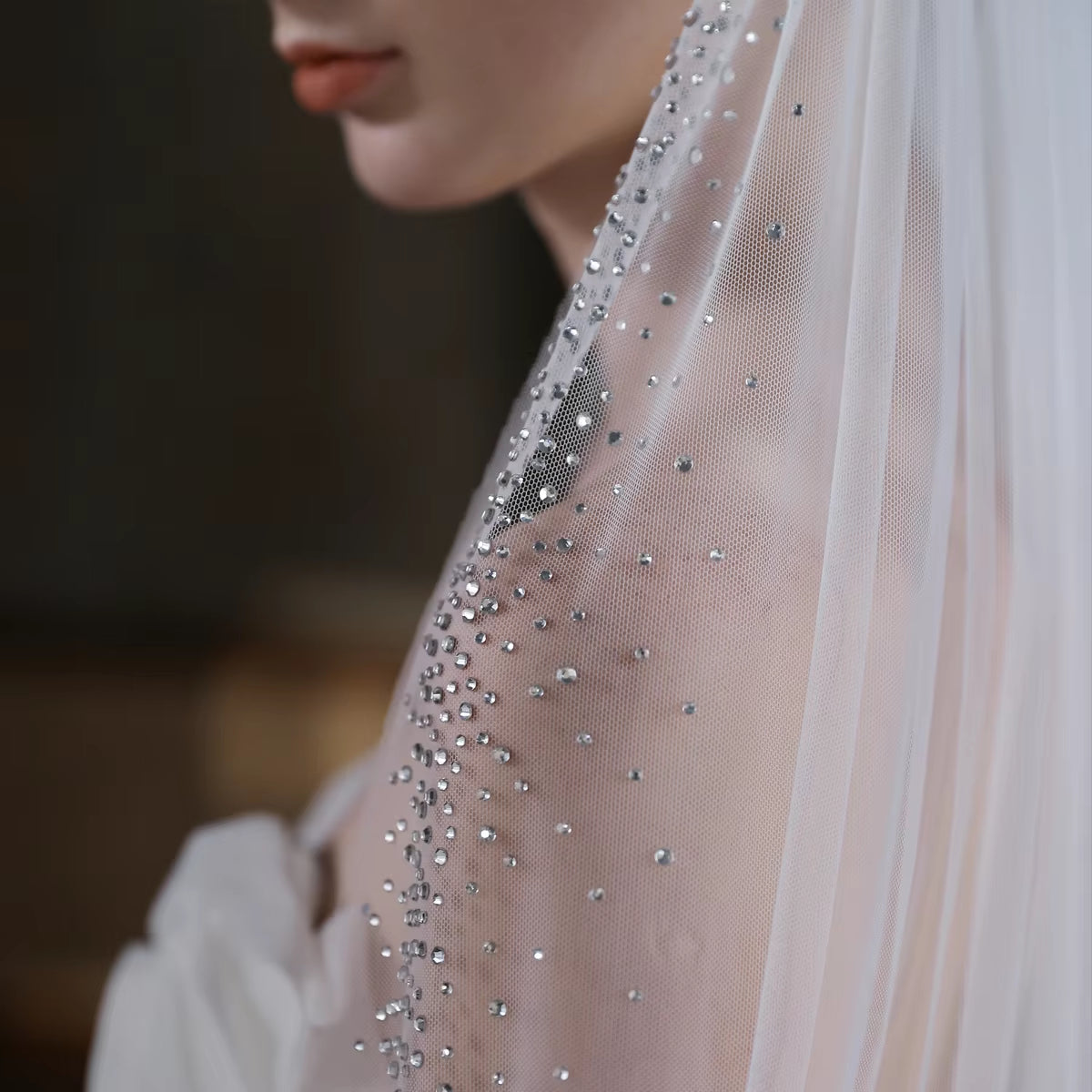 Exquisite One-Layer White Cathedral Bridal Veil with Clear Crystal Beading 