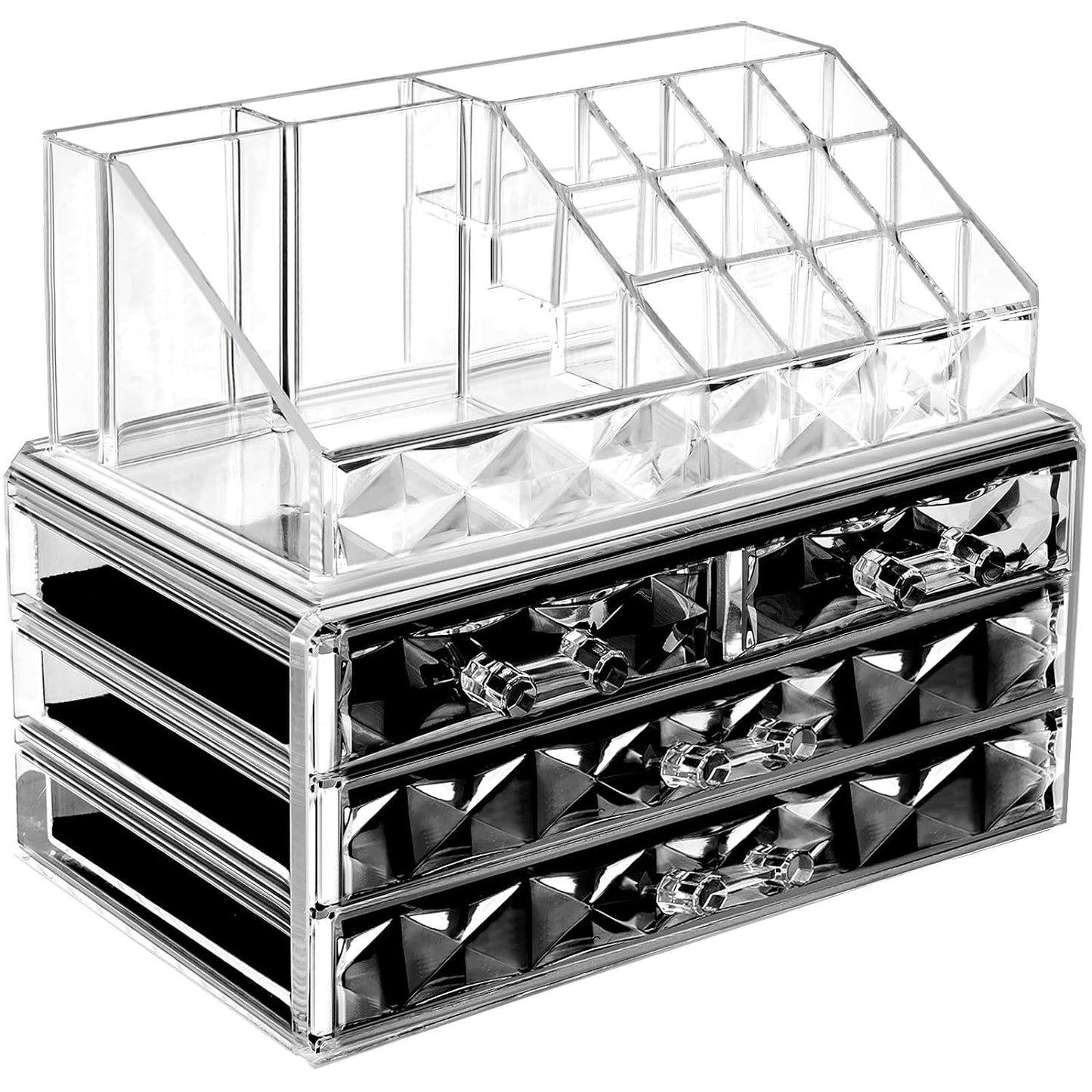 Acrylic Clear Dustproof Makeup Storage Organizer Drawers Large Skin Care Cosmetic Display Cases for Bathroom Stackable Storage Box with 4 Drawers for Vanity (Diamond Pattern Clear)