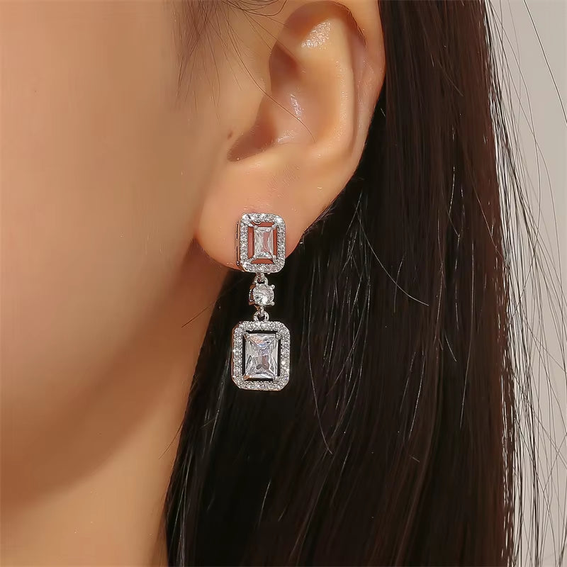 White Gold-Plated Rectangle & Square Dangle Earrings - Cubic Zirconia Teardrop 