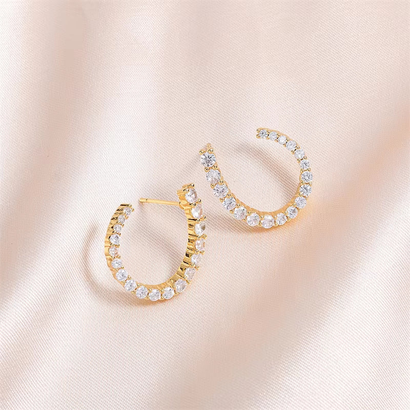 Yellow Gold-Plated Sterling Silver Oen Hoop Stud Earrings - Cubic Zirconia Front-Facing Design"