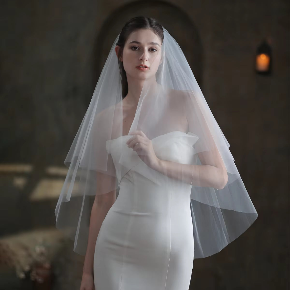 Women Wedding Accessories Elegant White Bridal Veil Plain Tulle Two-Layer Cut Edge-Elbow Length