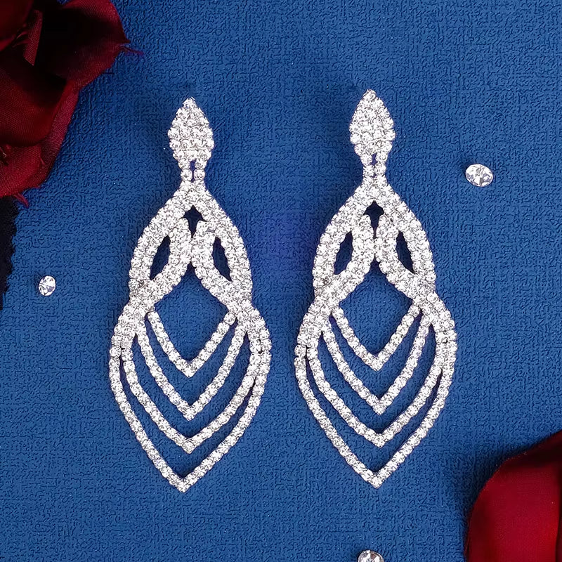 Silver Rhinestone Drop Hoop Earrings - Long Crystal Bridal Jewelry