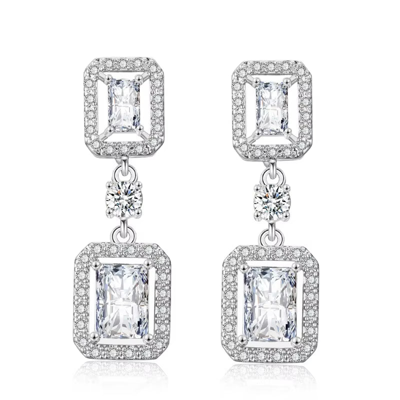 White Gold-Plated Rectangle & Square Dangle Earrings - Cubic Zirconia Teardrop 