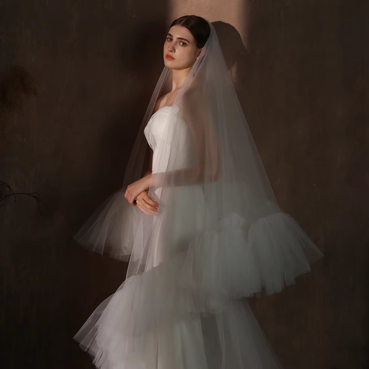 Two-Layer Tulle Veil with Ruffled Edge and Long Train, Handmade Royal Wedding Veil in White.