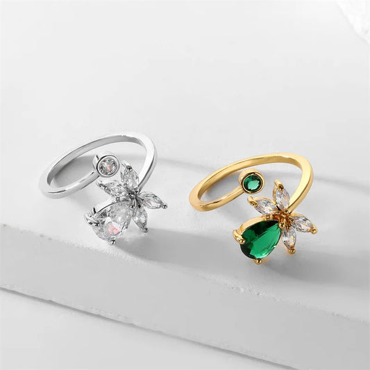 Emerald Green Zircon Adjustable Copper Ring - European Fashion Statement