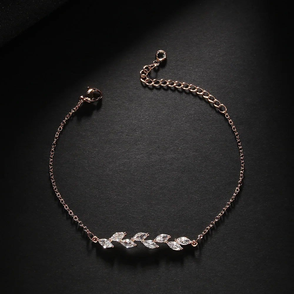 Zircon-Embellished Leaf Bracelet - Elegant Diamond-Inspired Design