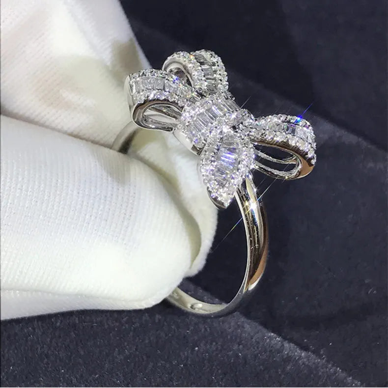 Silver Bowknot & Ladder CZ Ring Set - Elegant Zirconia Jewelry