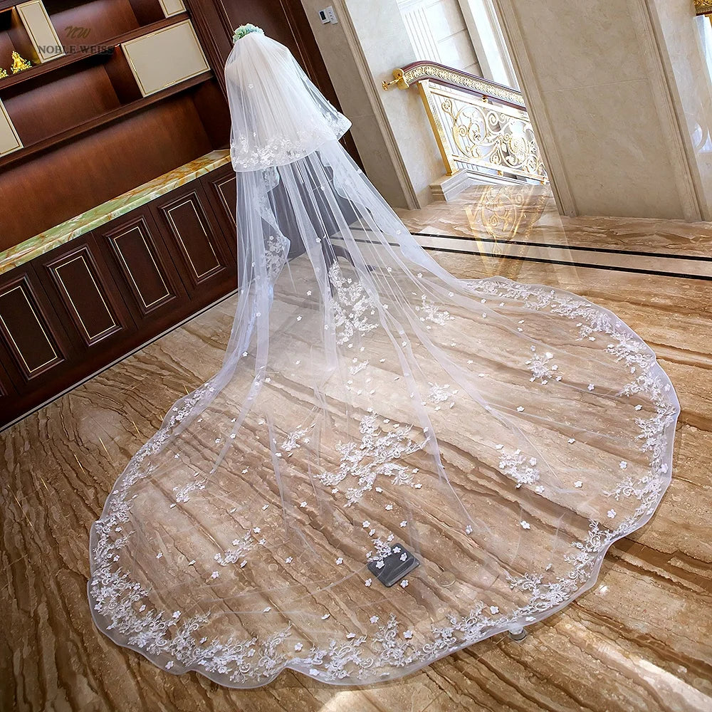 Long Wedding Veils with Comb Two Layers Appliques Bride Veil