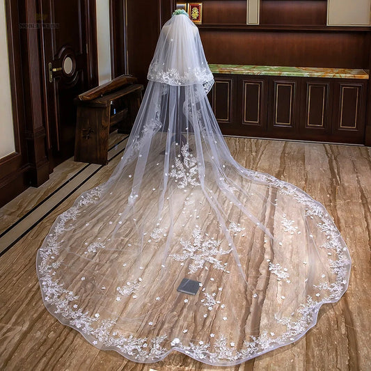 Long Wedding Veils with Comb Two Layers Appliques Bride Veil