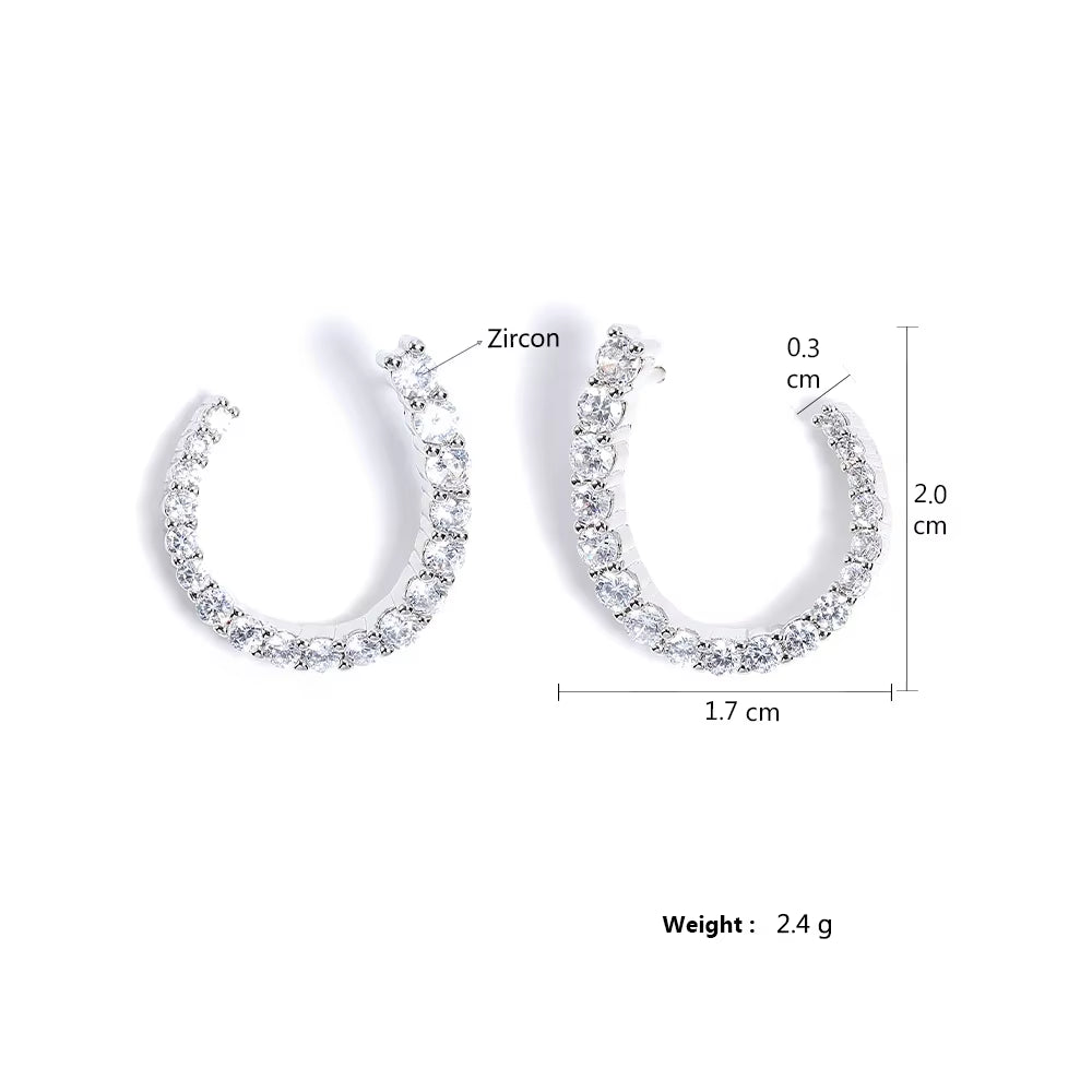 Yellow Gold-Plated Sterling Silver Oen Hoop Stud Earrings - Cubic Zirconia Front-Facing Design"