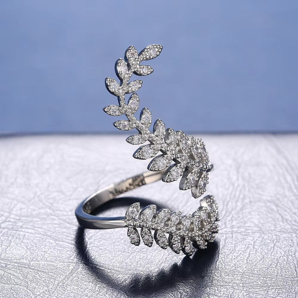 Special Design Bridal Ring – Creative Plant Leaf Long CZ Zirconia Ring for Brides and Women