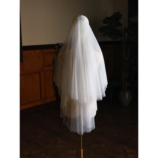 Handmade Two-Layer White Bridal Veil with Pearls