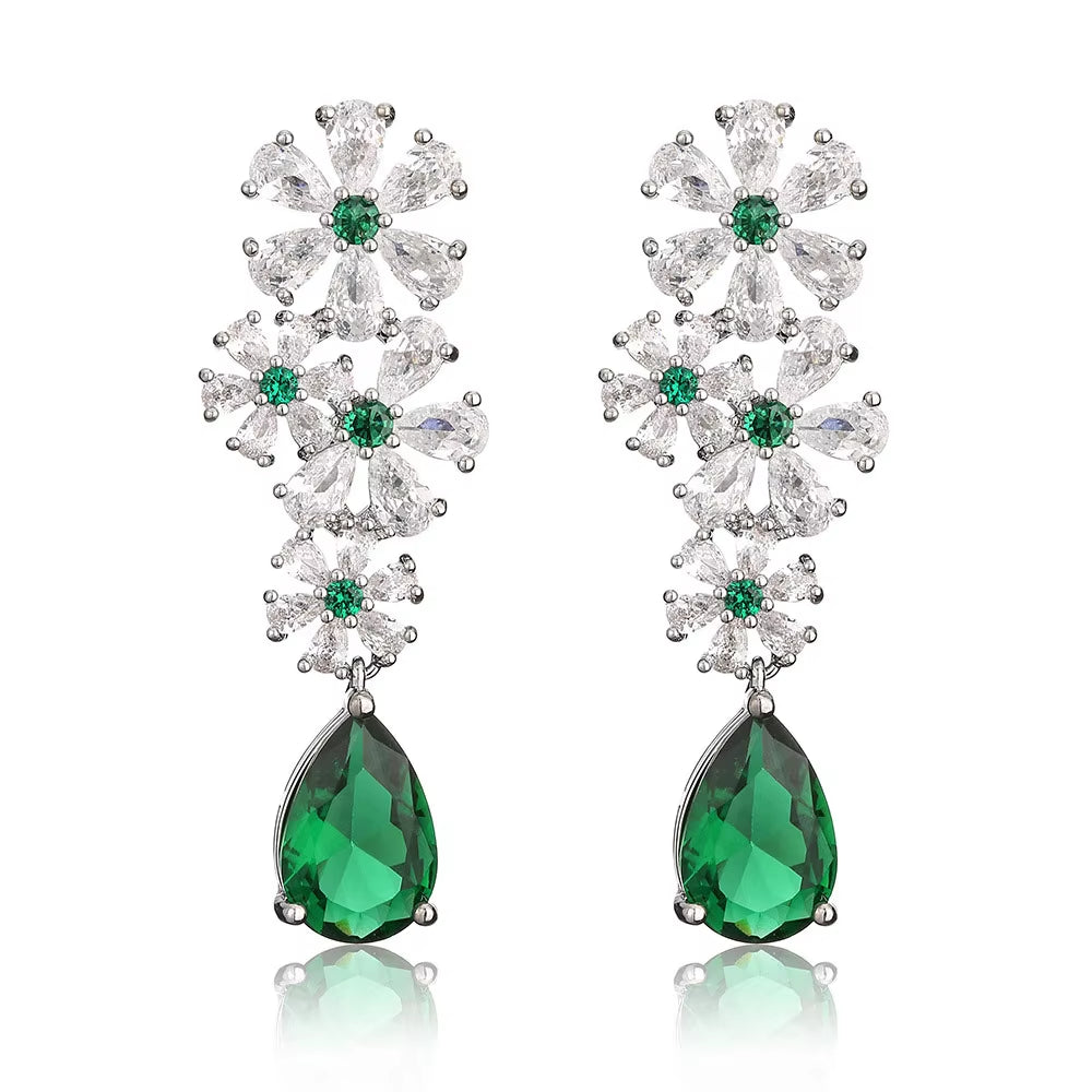 Emerald Green Flower Crystal Earrings - Zirconia Water Drop Design for Parties