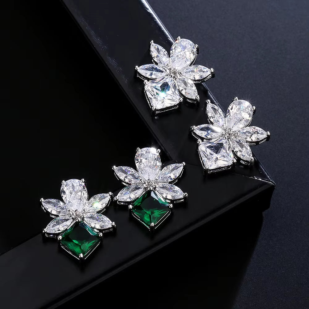 Geometric Flower Zircon Stud Earrings - Elegant Crystal Design for Women