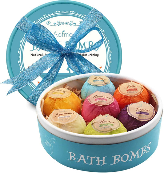 Bath Bombs Set, 7 Natural Handmade Essential Oil Spa Bubble Bomb Fizzies, for Relaxation, Moisturizing and Fun Perfect for Birthday Christmas Gifts for Her