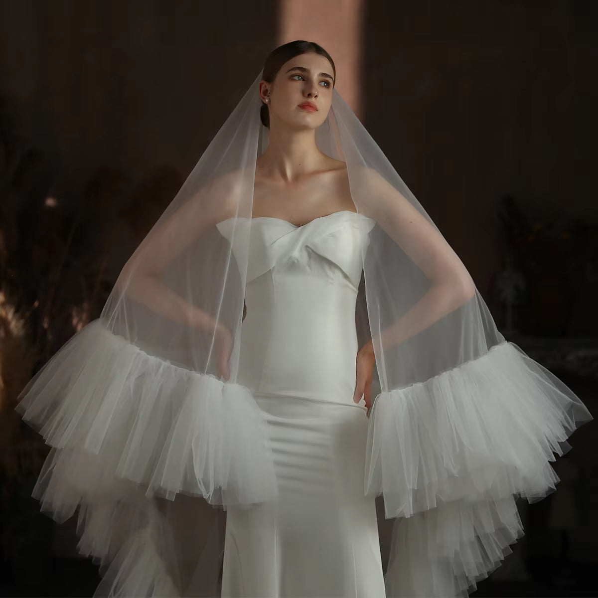 Two-Layer Tulle Veil with Ruffled Edge and Long Train, Handmade Royal Wedding Veil in White.