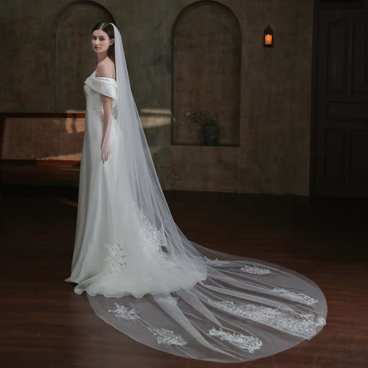 Luxurious Wedding Bridal Cathedral Veil 1-T Tulle Lace Appliqued 