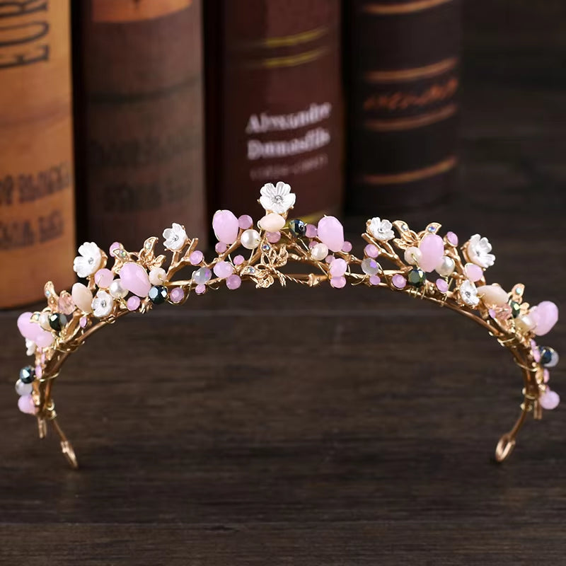 Pink Crystal Beaded Wedding Bridal Pageant Rhinestone Crystal Tiaras Crown Molding Headpieces for Queens and Bride