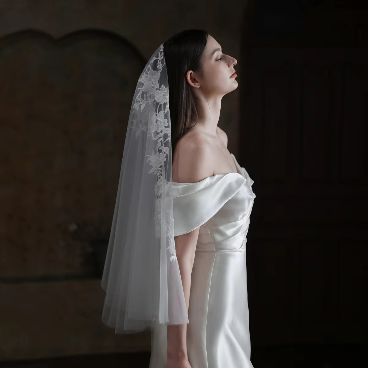 Exquisite Wedding Bridal White Veil Two-Layer Plain Tulle Lace Appliqued 