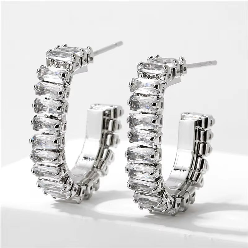 White Gold-Plated CZ Half Hoop Earrings - Sparkling Open C Design