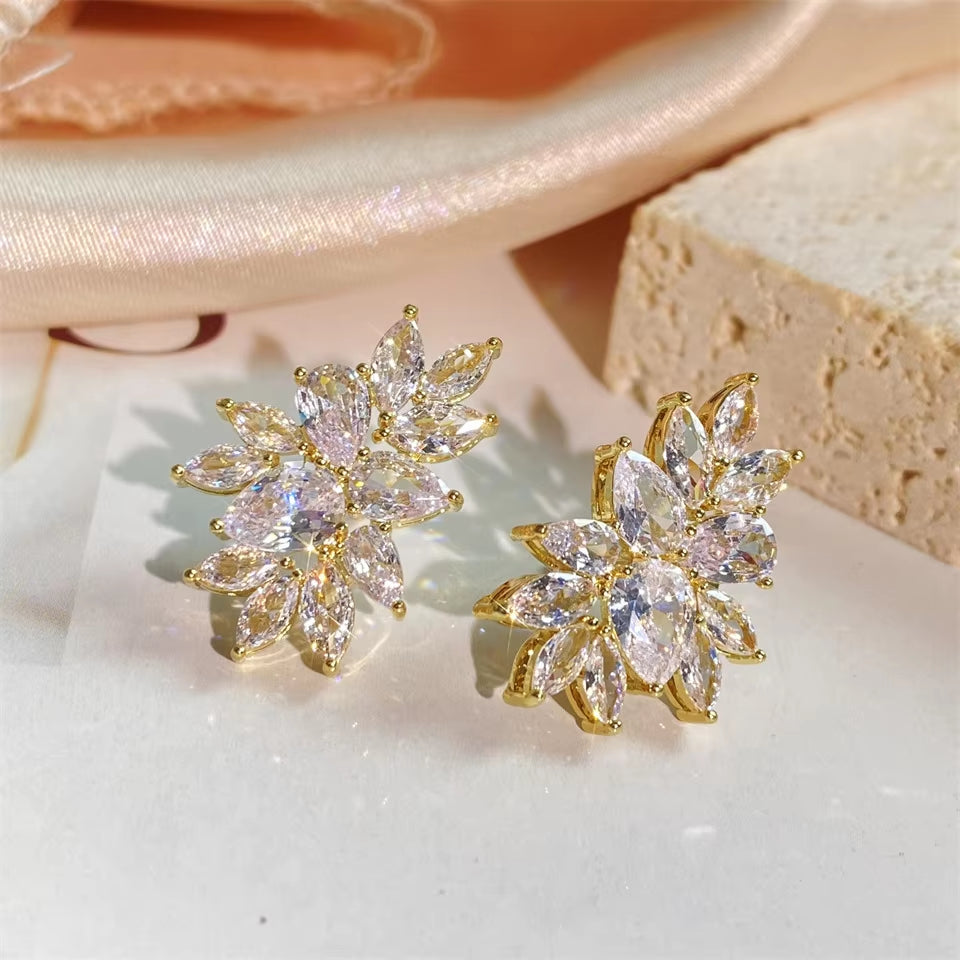 Gold Marquis CZ Bridal Earrings - Curved Crystal Cluster Design for Weddings and Bridesmaids