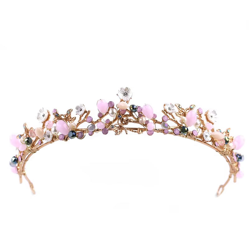 Pink Crystal Beaded Wedding Bridal Pageant Rhinestone Crystal Tiaras Crown Molding Headpieces for Queens and Bride