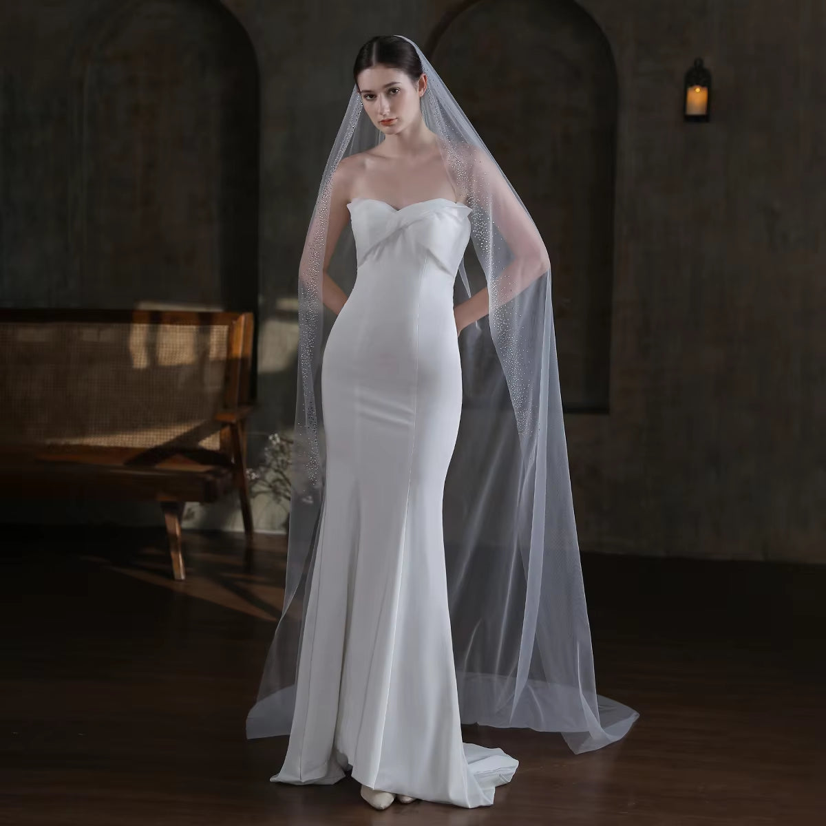 Exquisite One-Layer White Cathedral Bridal Veil with Clear Crystal Beading 