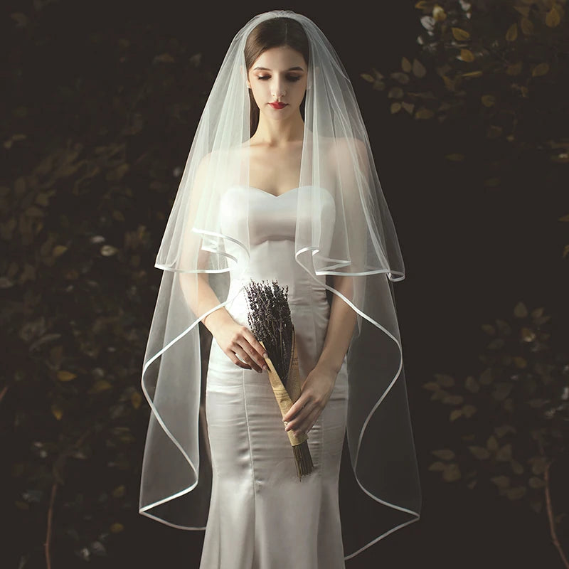 Short Tulle Ribbon Edge Bridal Two Layer Veils