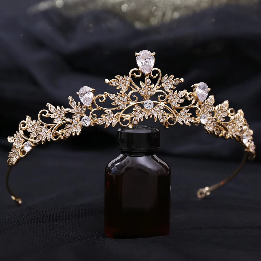 High Quality Zircon Wedding Bridal Hair Accessories Rhinestone Crystal Bling Tiaras and Crown Alloy Leave Designer Bride Crown