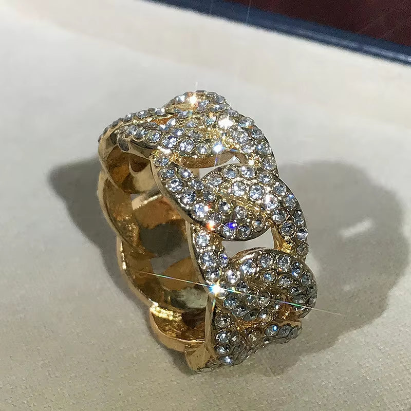 Gold-Plated Braided Zircon Ring - Hip-Hop Crystal Chain Design