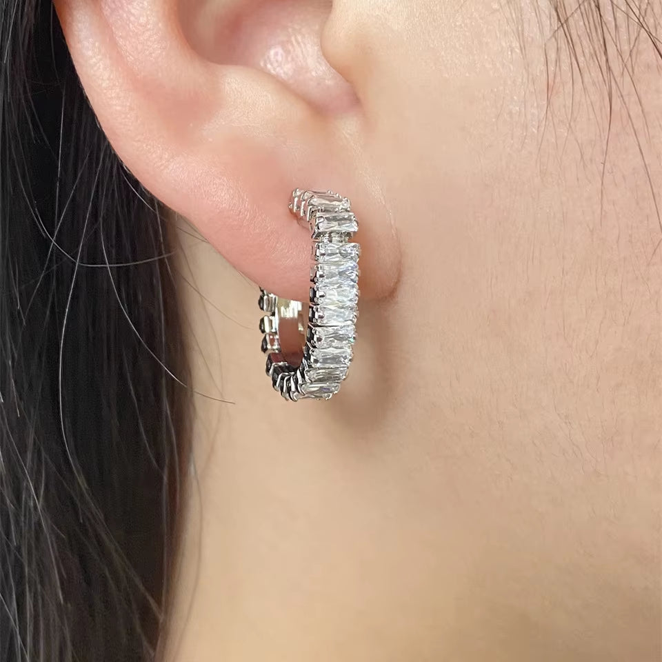 White Gold-Plated CZ Half Hoop Earrings - Sparkling Open C Design