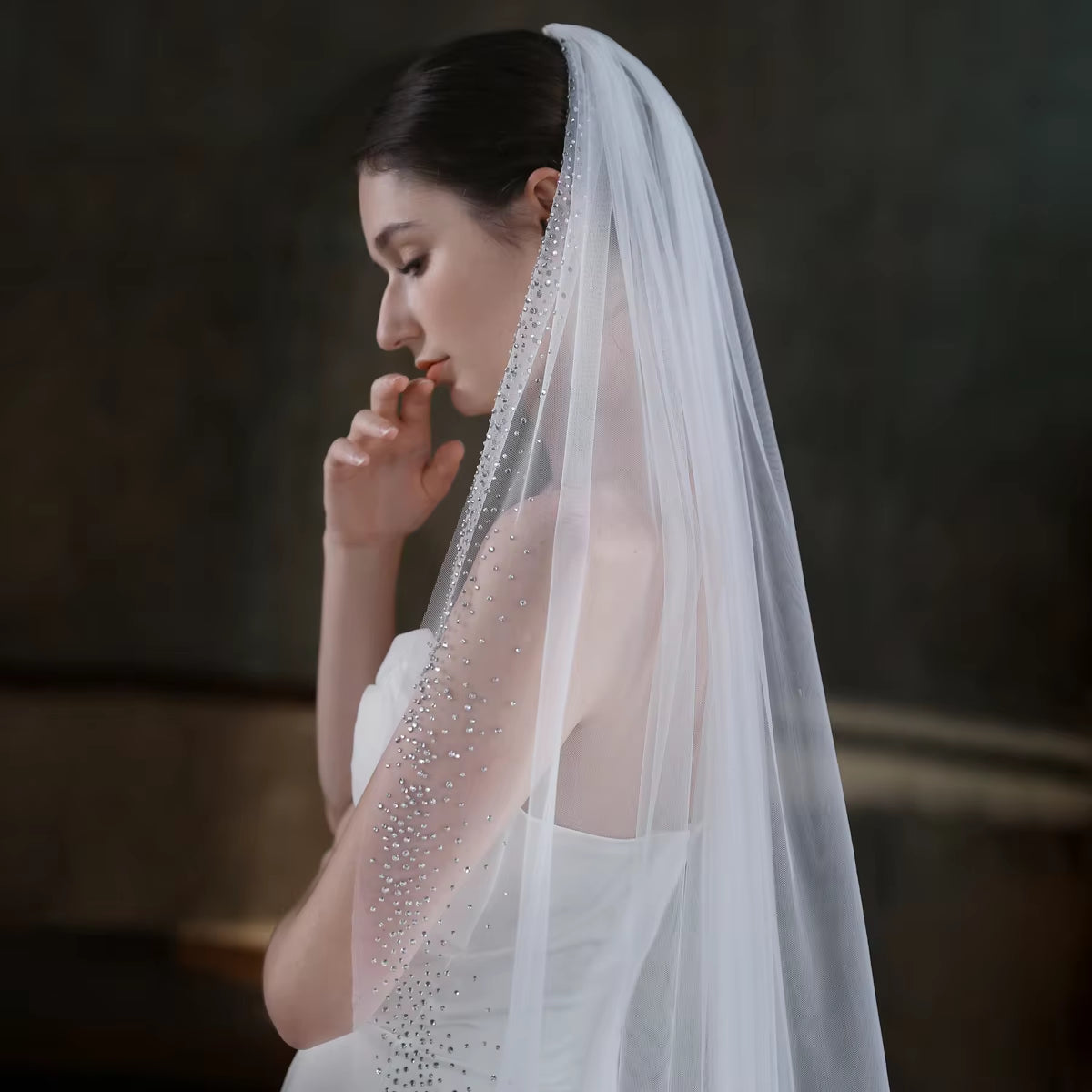 Exquisite One-Layer White Cathedral Bridal Veil with Clear Crystal Beading 