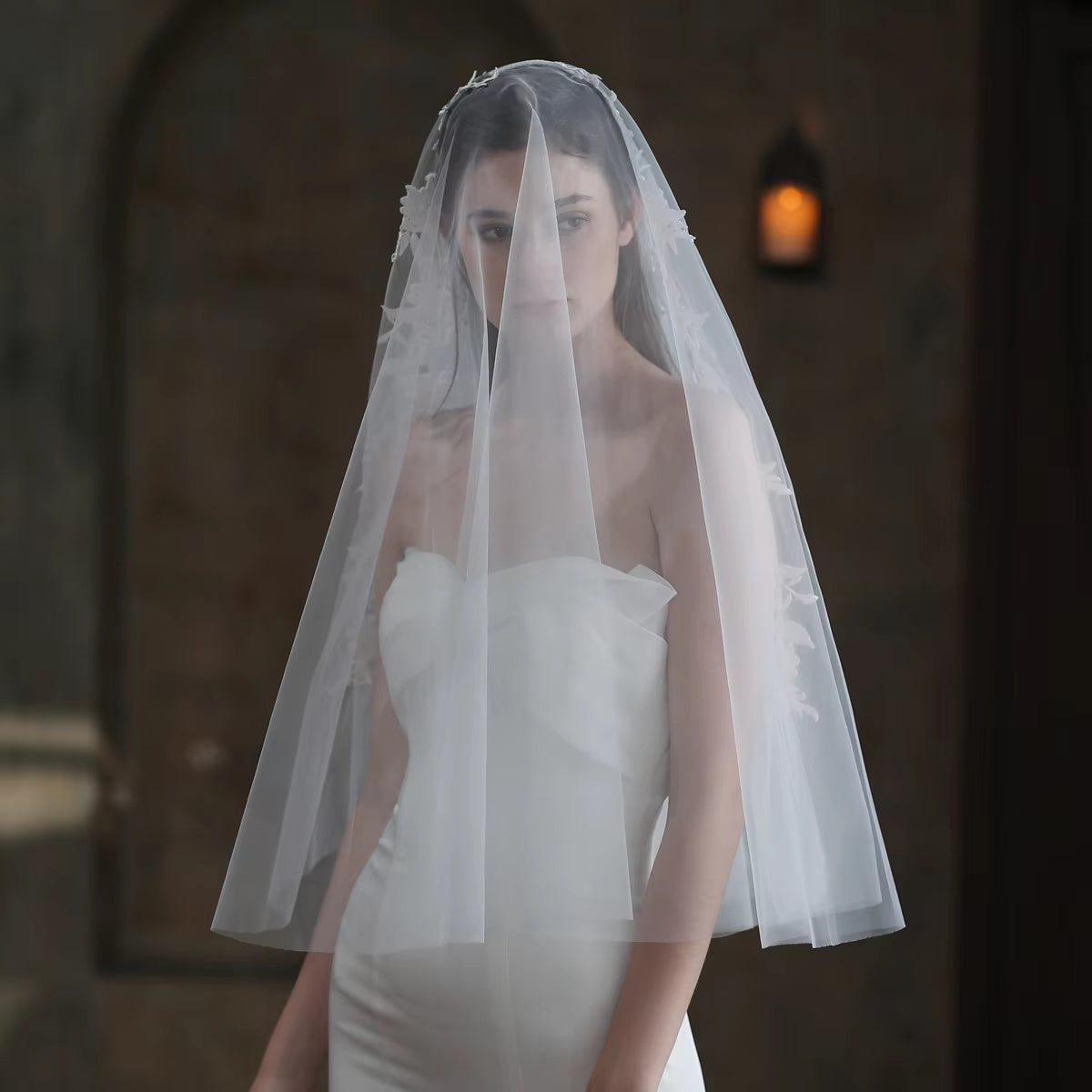 Exquisite Wedding Bridal White Veil Two-Layer Plain Tulle Lace Appliqued 