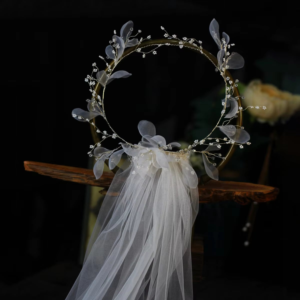 Retro White Elbow Bridal Veil with Tulle, Organza Flowers, and Beaded Hairwear