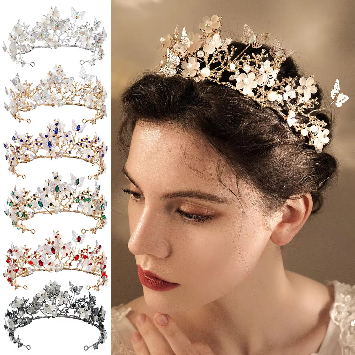 Gold Butterfly & Ivory Flower Tiara - Classic Handmade Princess Diadem for Weddings & Cosplay"