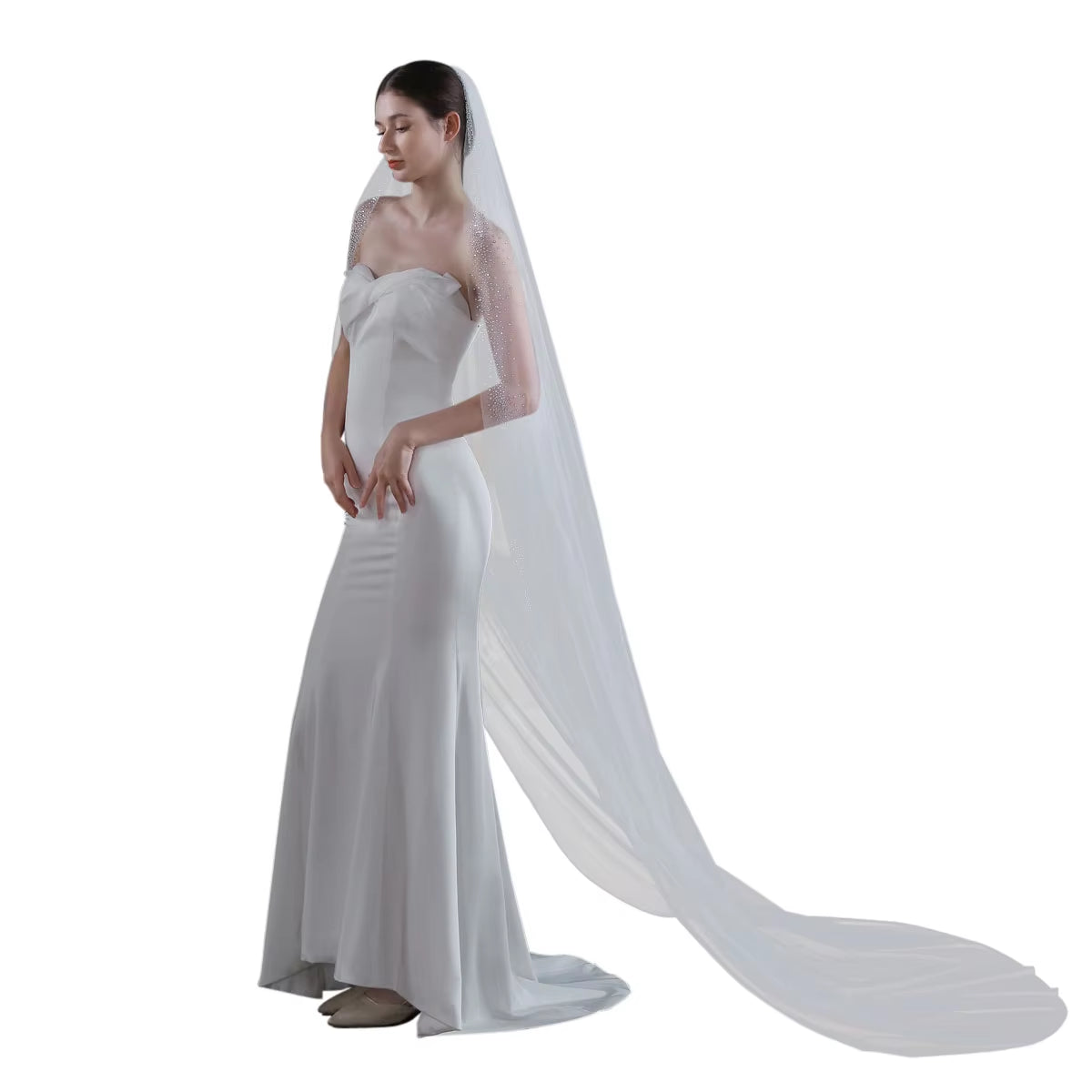 Exquisite One-Layer White Cathedral Bridal Veil with Clear Crystal Beading 