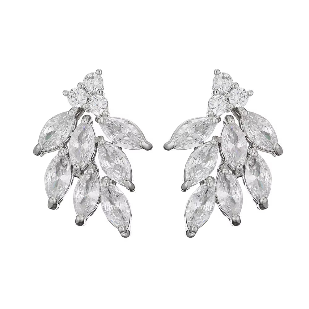 Marquis-Cut CZ Clip-On Bridal Earrings - Curved Crystal Clusters for Weddings and Bridesmaids