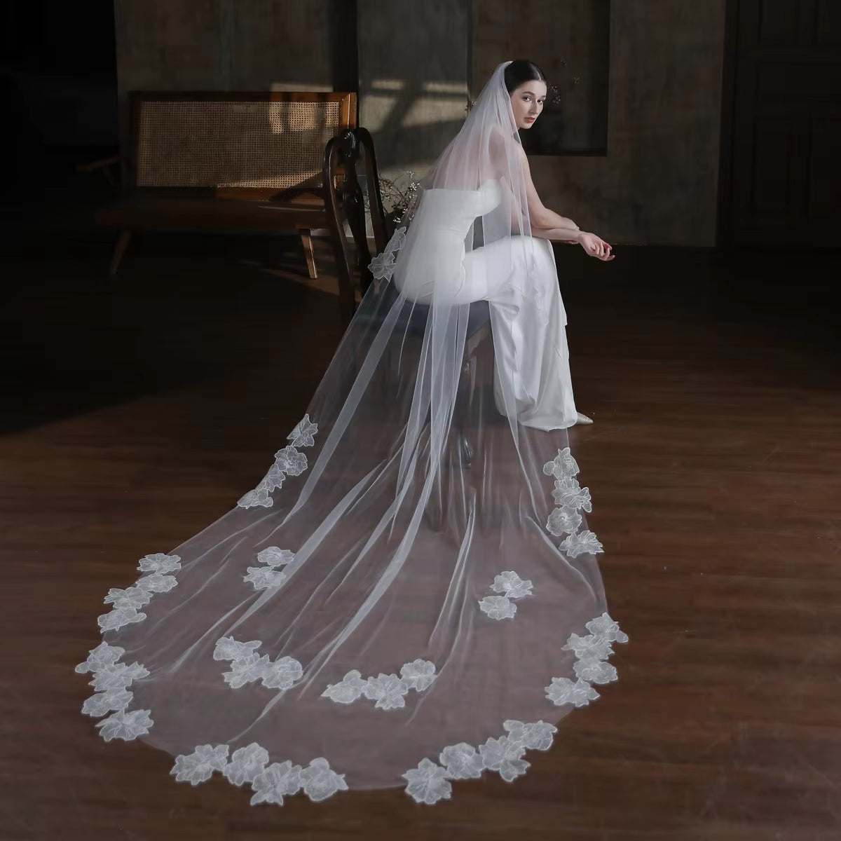  Wedding Bridal Cathedral Veil One-Layer Tulle Lace edge