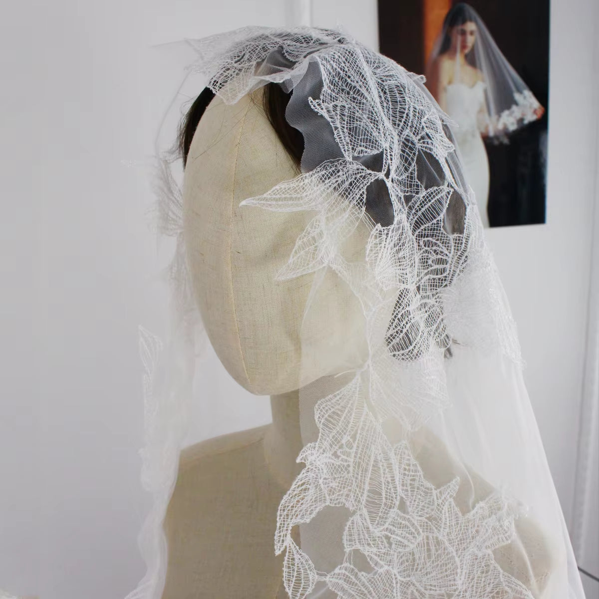 One-Layer Lace Appliqué White Veil with Long Train, Elegant Accessories for Brides-to-Be